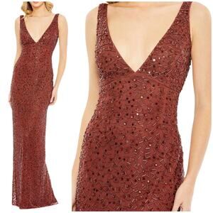 Mac Duggal NWT Sleeveless Sequined V-Neck Gown Brick Red Sleeveless Size 10